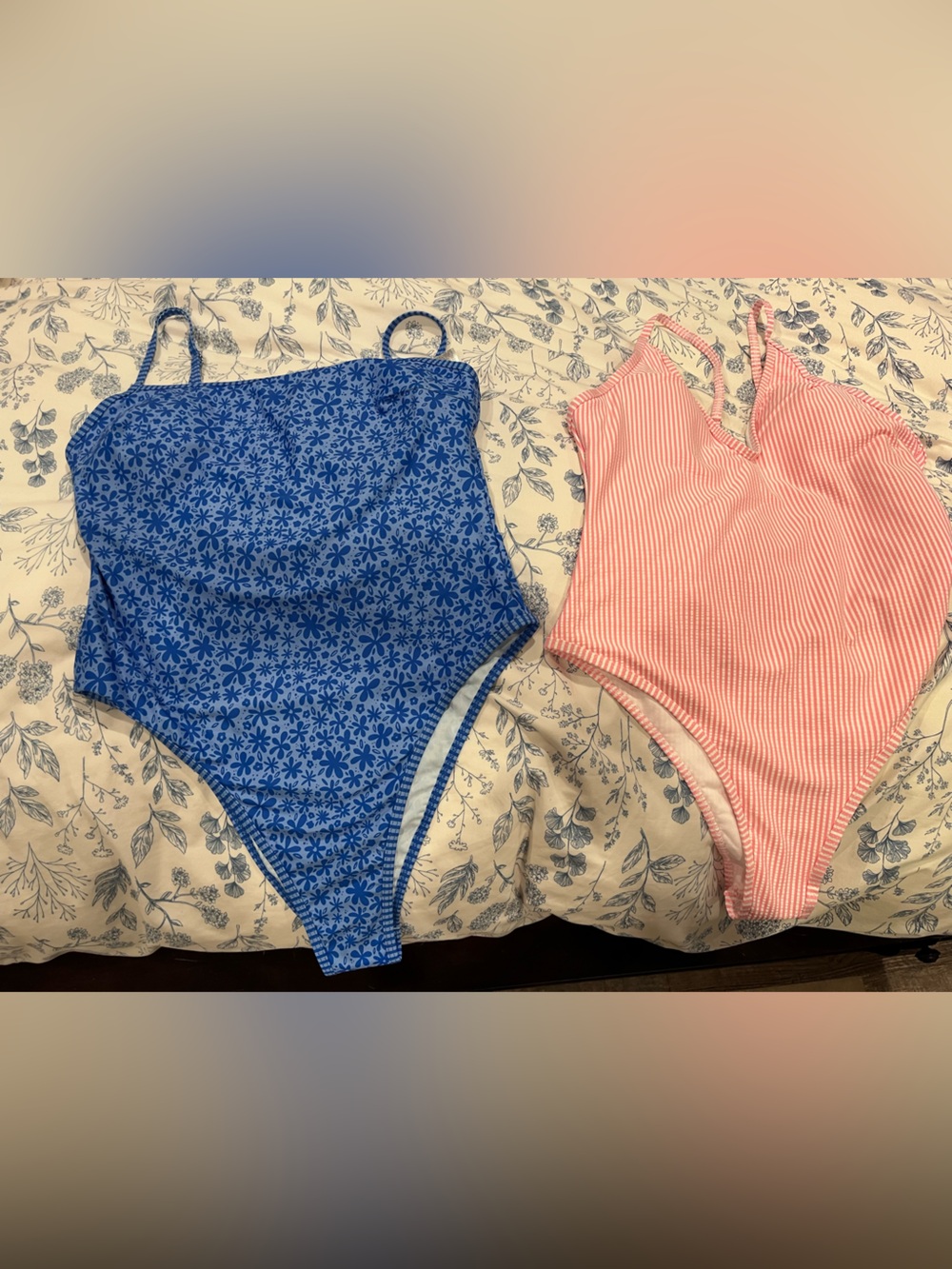 SHEIN Blue Floral & Pink Striped One-Piece Swimsuits